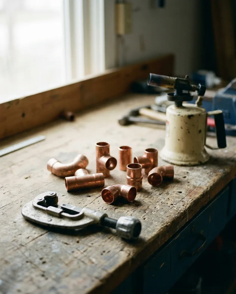 Copper fittings and a pipe cutter on a workbench