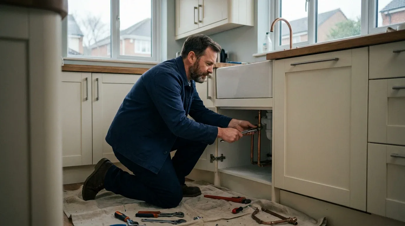 Mike fitting copper pipework under a kitchen sink