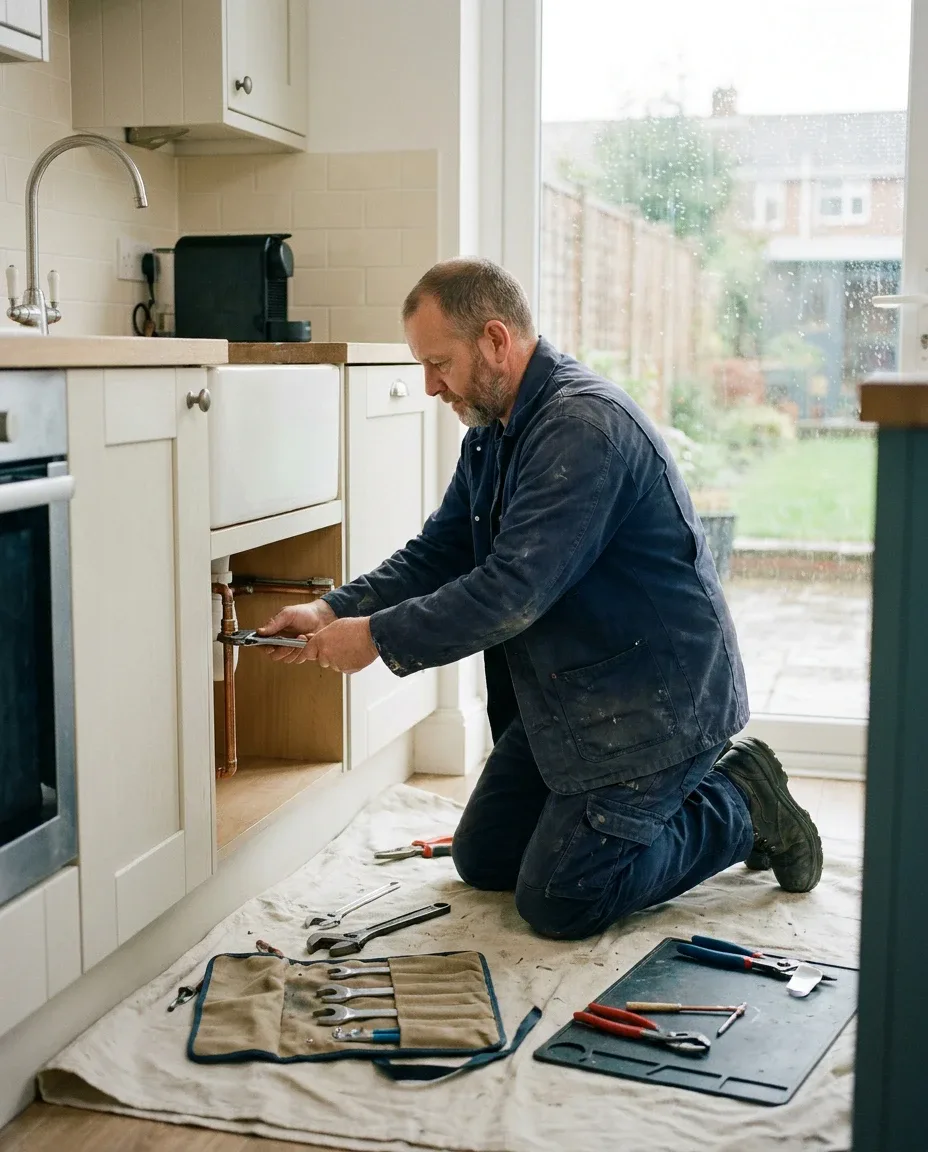Tom working on the pipes under a kitchen sink